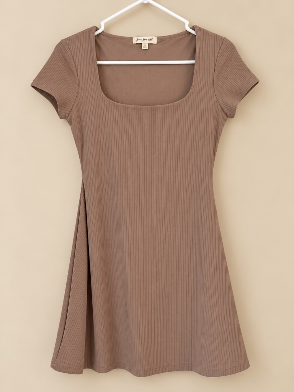 Free For All Taupe Ribbed Square Neck Short Sleeve A-Line Mini Dress Size Small